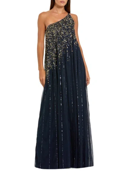 Mac Duggal One Shoulder Embellished Trapeze A Line Gown In Black