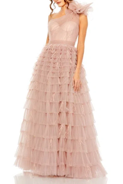 MAC DUGGAL MAC DUGGAL ONE SHOULDER FAUX BOW FEATHER TIERED A LINE GOWN
