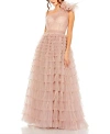 Mac Duggal One Shoulder Faux Bow Feather Tiered A Line Gown In Dusty Rose