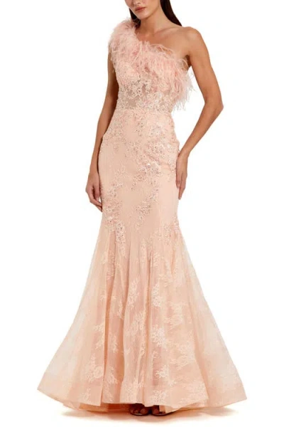 Mac Duggal One Shoulder Feather Embellished Mermaid Gown In Peach