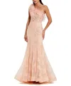 Mac Duggal One Shoulder Feather Embellished Mermaid Gown In Peach