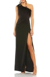 Mac Duggal One Shoulder Feather Trim High Slit Gown In Black