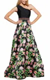 Mac Duggal One Shoulder Floral Ballgown In Black Multi In Multi