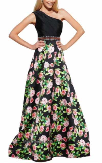 Mac Duggal One Shoulder Floral Ballgown In Black Multi