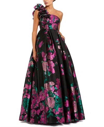 Mac Duggal One Shoulder Floral Brocade Ballgown In Black