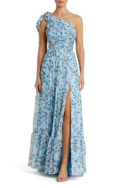 Mac Duggal One Shoulder Floral Chiffon Gown In Aqua Multi