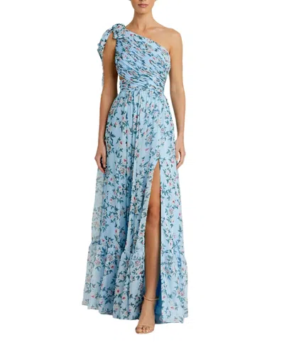 Mac Duggal One-shoulder Floral Chiffon A-line Gown In Blue