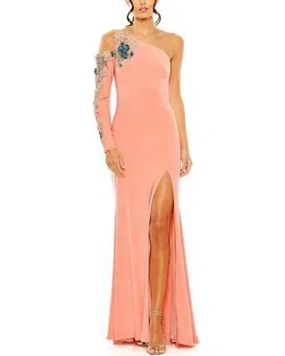 Pre-owned Mac Duggal One Shoulder Floral Embellished Gown Women's In Peach Multi