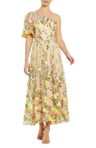 Mac Duggal One Shoulder Floral Lace Embroidered Dress In Yellow Multi