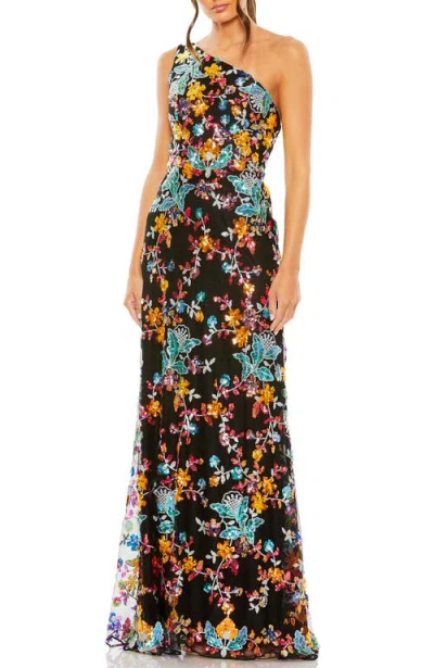 MAC DUGGAL MAC DUGGAL ONE SHOULDER FLORAL SEQUIN LACE UP GOWN