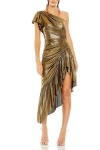 Mac Duggal One Shoulder Flutter Sleeve High Low Dress In Antique Gold