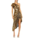 Mac Duggal One Shoulder Flutter Sleeve High Low Dress In Antique Gold