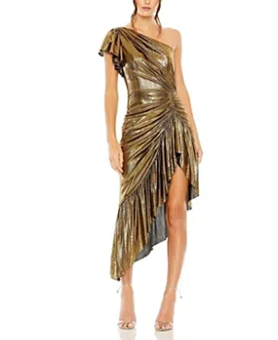 Mac Duggal One Shoulder Flutter Sleeve High Low Dress In Metallic