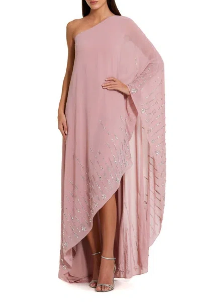 Mac Duggal One Shoulder Georgette Beaded Trim Kaftan Gown In Pink