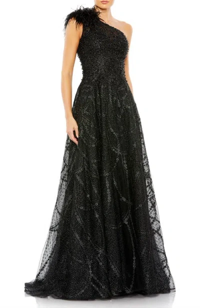 MAC DUGGAL MAC DUGGAL ONE-SHOULDER GLITTER TULLE GOWN WITH FEATHER SLEEVE & HAND-EMBELLISHED A-LINE SKIRT