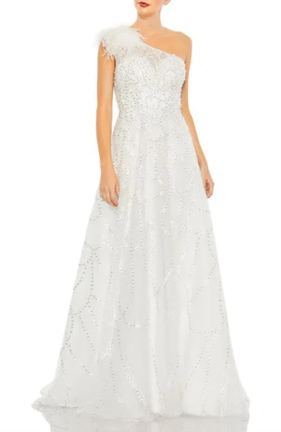 MAC DUGGAL MAC DUGGAL ONE-SHOULDER GLITTER TULLE GOWN WITH FEATHER SLEEVE & HAND-EMBELLISHED A-LINE SKIRT