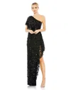 Mac Duggal One Shoulder Beaded Embellished Gown With Asymmetrical Hem In Black
