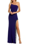 Mac Duggal One Shoulder Gown With Embellished Slit In Indigo