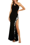 Mac Duggal One Shoulder Keyhole Gown With Embellished Slit In Black
