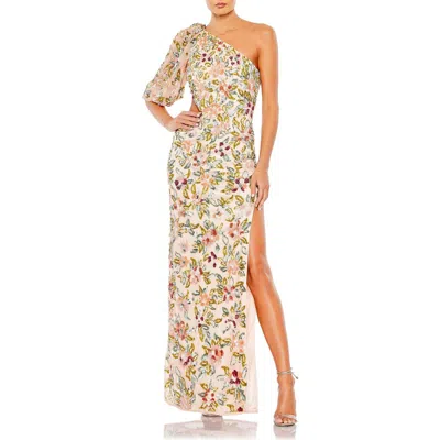 Mac Duggal One-shoulder Gown With Hand-embellished Floral Sequins & Blouson Sleeves In Nude Multi