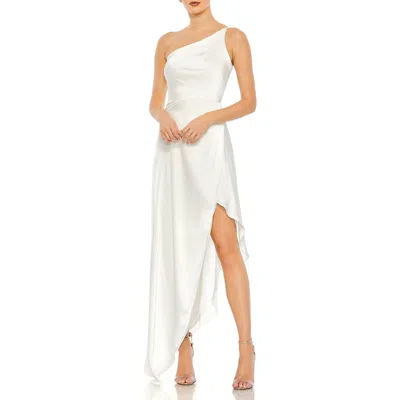 Mac Duggal One Shoulder Hi-low Draped Charmeuse Dress In White