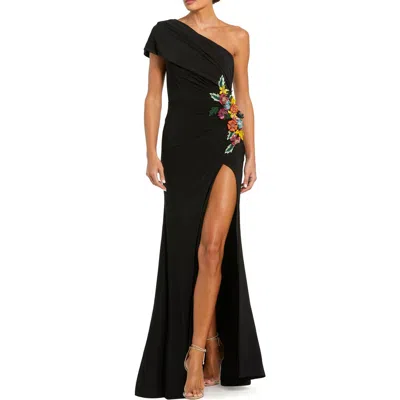 Mac Duggal One Shoulder Jersey Gown With Beaded Floral Appliqué In Black