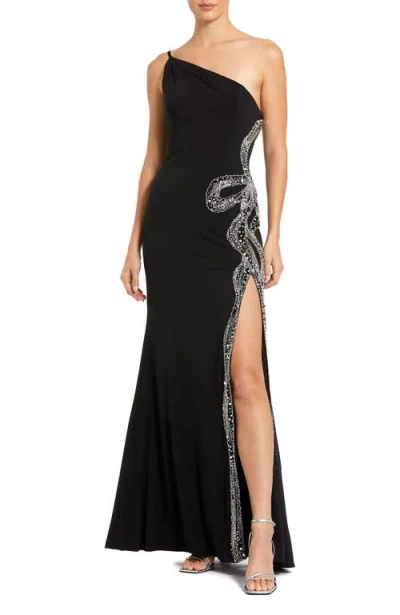 Mac Duggal One Shoulder Jersey Gown With Embellished Cut Out In Black