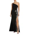 Mac Duggal One Shoulder Jersey Gown With Embellished Cut Out In Black