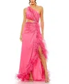 Mac Duggal One Shoulder Key Hold Detail With Feather Lining Dress In Hot Pink
