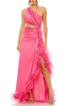 Mac Duggal One Shoulder Key Hold Detail With Feather Lining Dress In Hot Pink