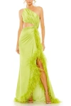 Mac Duggal Side Cut-out One-shoulder Pleated Gown In Lime