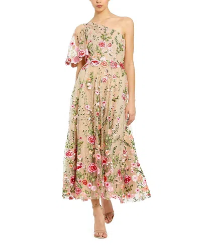 Mac Duggal One Shoulder Lace Embroidered Dress In Pink Multi