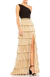 Mac Duggal One-shoulder Ruffle Tiered Gown In Black Gold