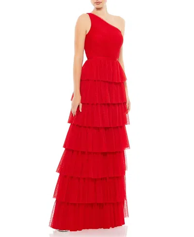 Mac Duggal One Shoulder Layered Tiered Tulle Gown In Red