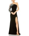 Mac Duggal One Shoulder Long Sleeve Floral Embellished Gown In Black Multi