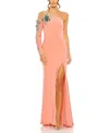 Mac Duggal One Shoulder Long Sleeve Floral Embellished Gown In Peach Multi