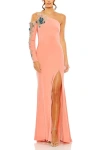 Mac Duggal One Shoulder Long Sleeve Floral Embellished Gown In Peach Multi