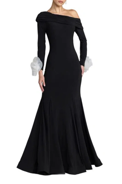 Mac Duggal One Shoulder Long Sleeve Mermaid Jersey Gown In Black
