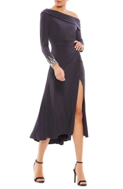 Mac Duggal One-shoulder Long Sleeve Midi Dress In Charcoal