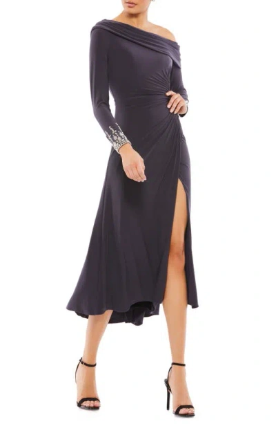 Mac Duggal One-shoulder Long Sleeve Midi Dress In Grey
