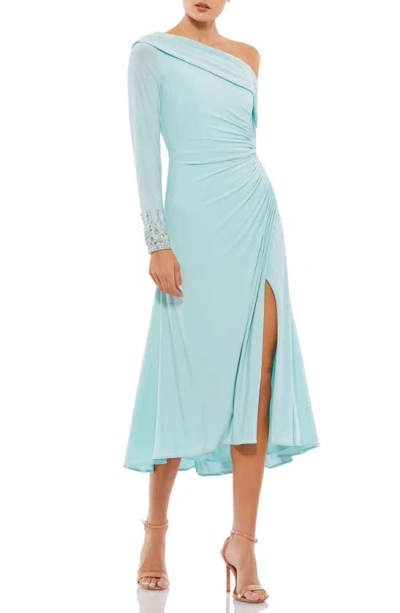 Mac Duggal One-shoulder Long Sleeve Midi Dress In Powder Blue