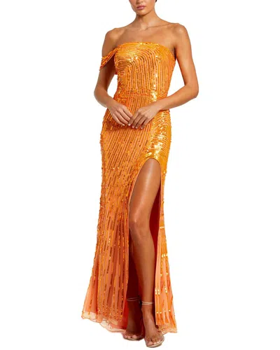 Mac Duggal One Shoulder Mesh Sequin Gown In Orange