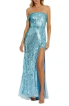 Mac Duggal One Shoulder Mesh Sequin Gown With Slit In Aqua