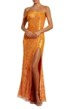 Mac Duggal One Shoulder Mesh Sequin Gown With Slit In Orange Crush