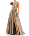 Mac Duggal One-shoulder Metallic Ballgown In Antique Bronze