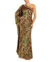 Mac Duggal Metallic Burnout Velvet One-shoulder Gown With Draped Sleeve In Multi