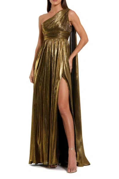 Mac Duggal One Shoulder Metallic Stretch Gown With Float In Gold