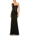 Mac Duggal Half-bow Bodice Trumpet Satin Gown In Black In Black