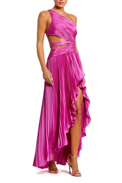 Mac Duggal One Shoulder Pleated Charmeuse Gown With Slit In Fuchsia