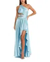 Mac Duggal One Shoulder Pleated Charmeuse Gown With Slit In Powder Blue